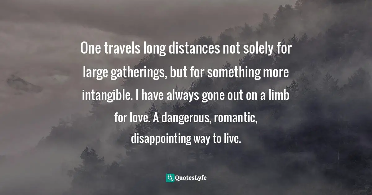 One travels long distances not solely for large gatherings, but for something more intangible. I have always gone out on a limb for love. A dangerous, romantic, disappointing way to live.