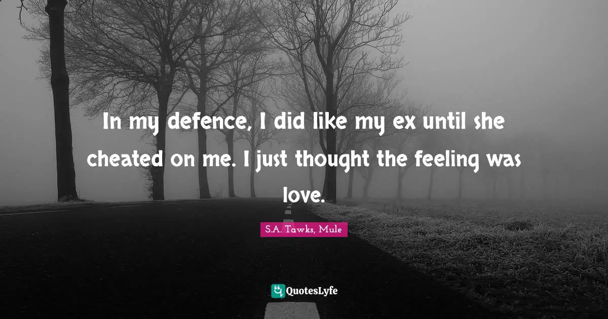 S.A. Tawks, Mule Quotes: "In my defence, I did like my ex until she cheated on me. I just thought the feeling was love."