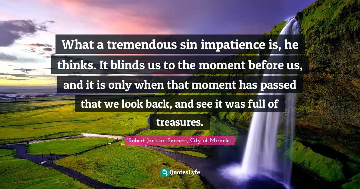 Reflective Quotes: "What a tremendous sin impatience is, he thinks. It blinds us to the moment before us, and it is only when that moment has passed that we look back, and see it was full of treasures."