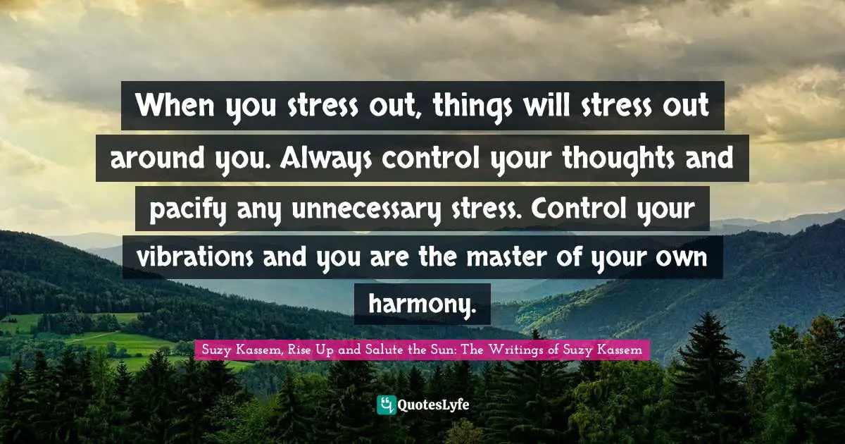 When you stress out, things will stress out around you. Always control your thoughts and pacify any unnecessary stress. Control your vibrations and you are the master of your own harmony.
