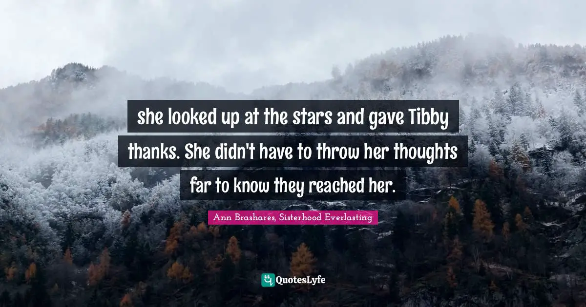 she looked up at the stars and gave Tibby thanks. She didn't have to throw her thoughts far to know they reached her.