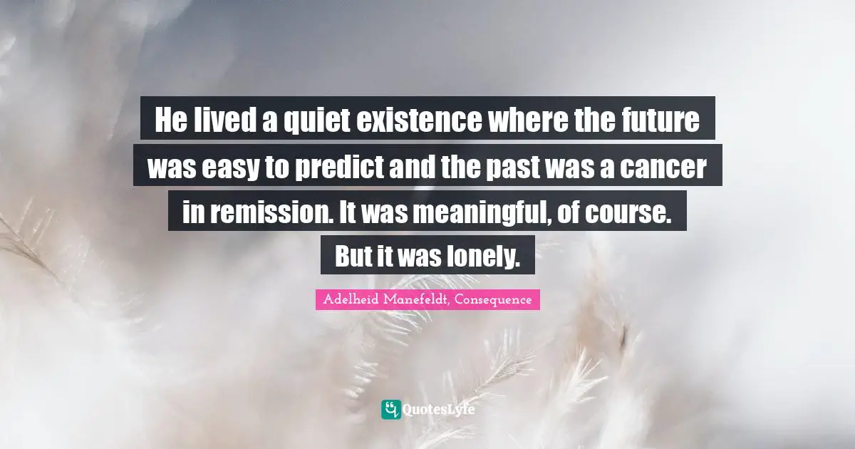 He lived a quiet existence where the future was easy to predict and the past was a cancer in remission. It was meaningful, of course. But it was lonely.