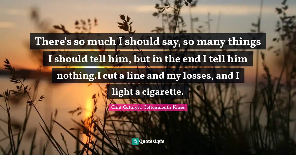 There's so much I should say, so many things I should tell him, but in the end I tell him nothing.I cut a line and my losses, and I light a cigarette.