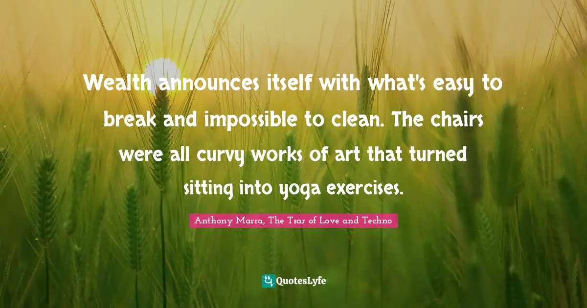 Wealth announces itself with what's easy to break and impossible to clean. The chairs were all curvy works of art that turned sitting into yoga exercises.