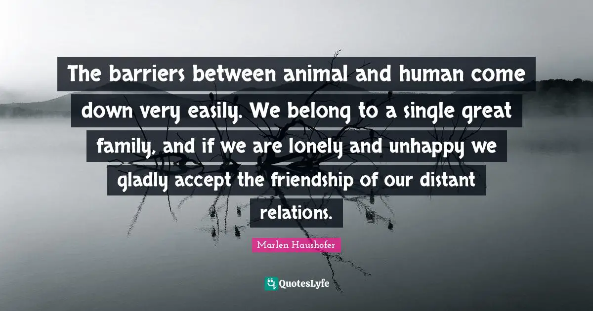 The barriers between animal and human come down very easily. We belong to a single great family, and if we are lonely and unhappy we gladly accept the friendship of our distant relations.