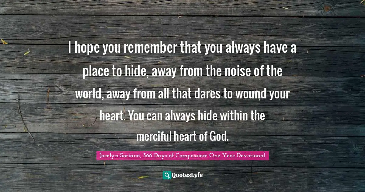 I hope you remember that you always have a place to hide, away from the noise of the world, away from all that dares to wound your heart. You can always hide within the merciful heart of God.