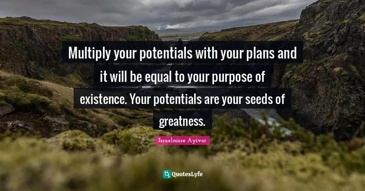 Israelmore Ayivor Quotes: Multiply your potentials with your plans and it will be equal to your purpose of existence. Your potentials are your seeds of greatness.