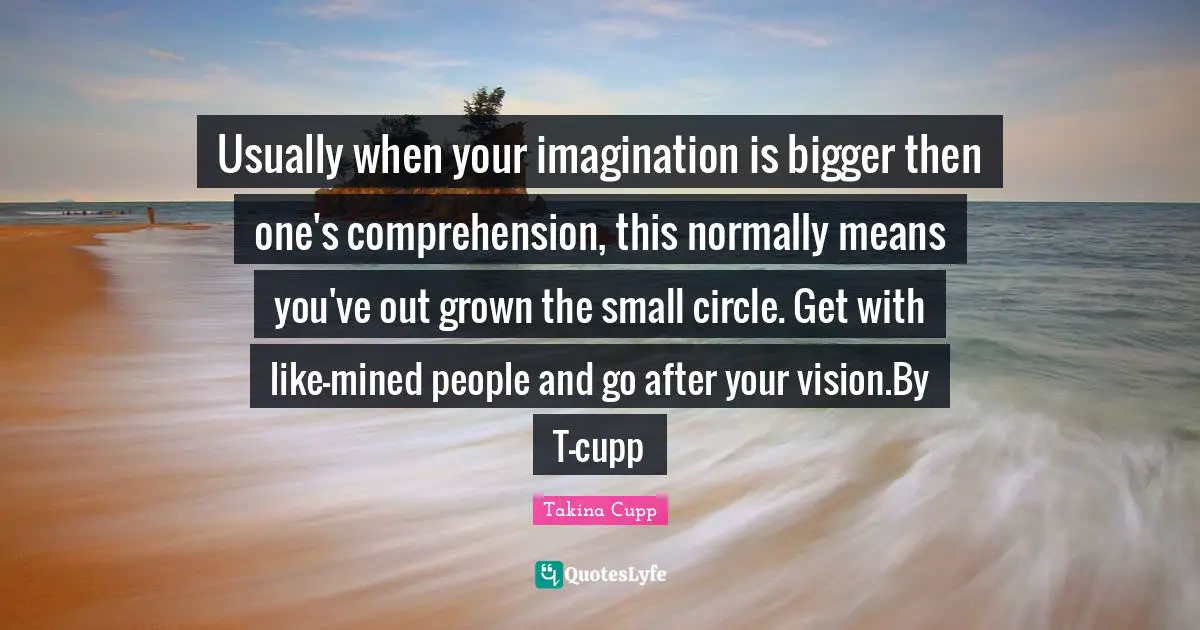 Usually when your imagination is bigger then one's comprehension, this normally means you've out grown the small circle. Get with like-mined people and go after your vision.By T-cupp