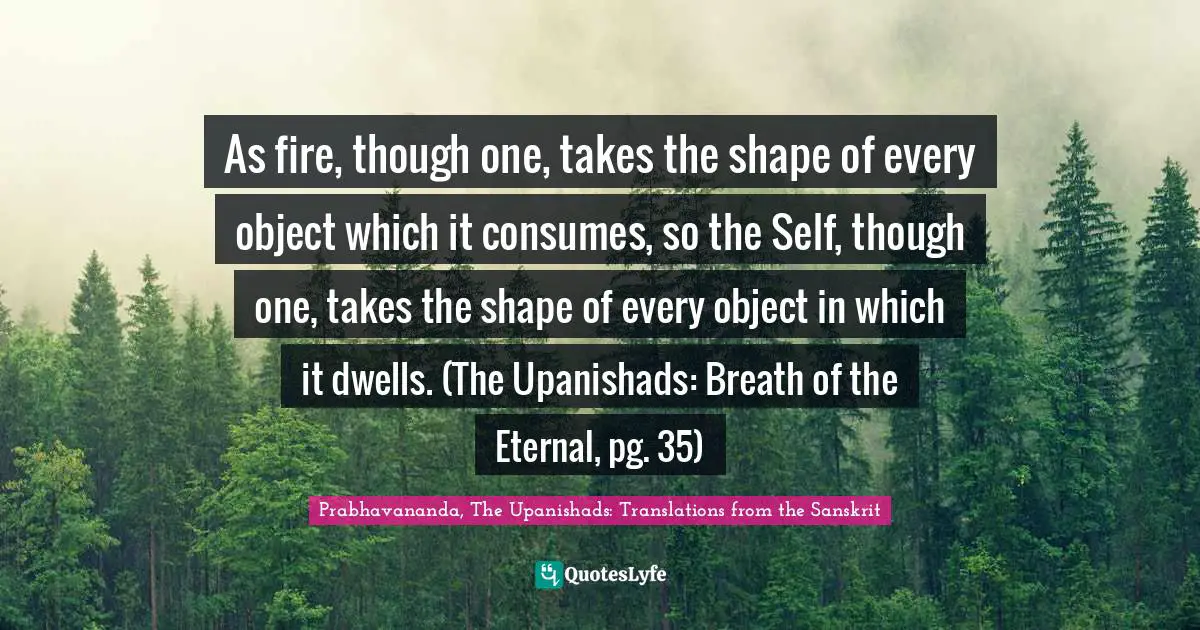 As fire, though one, takes the shape of every object which it consumes, so the Self, though one, takes the shape of every object in which it dwells. (The Upanishads: Breath of the Eternal, pg. 35)