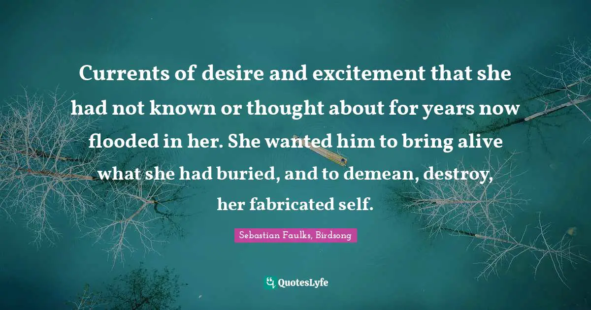 Currents of desire and excitement that she had not known or thought about for years now flooded in her. She wanted him to bring alive what she had buried, and to demean, destroy, her fabricated self.