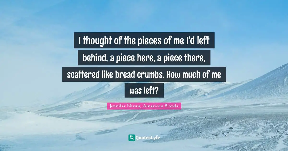I thought of the pieces of me I'd left behind, a piece here, a piece there, scattered like bread crumbs. How much of me was left?