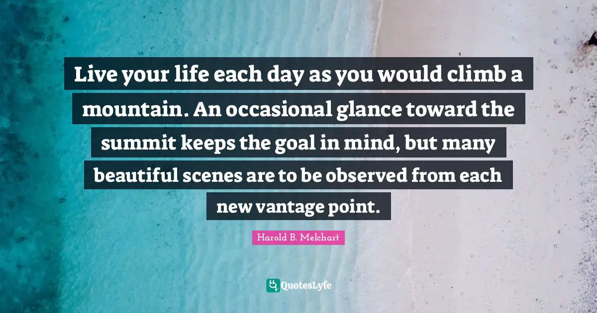 Live your life each day as you would climb a mountain. An occasional glance toward the summit keeps the goal in mind, but many beautiful scenes are to be observed from each new vantage point.