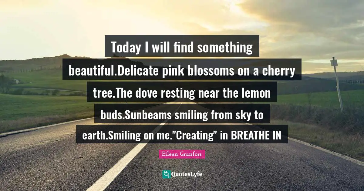 Today I will find something beautiful.Delicate pink blossoms on a cherry tree.The dove resting near the lemon buds.Sunbeams smiling from sky to earth.Smiling on me."Creating" in BREATHE IN