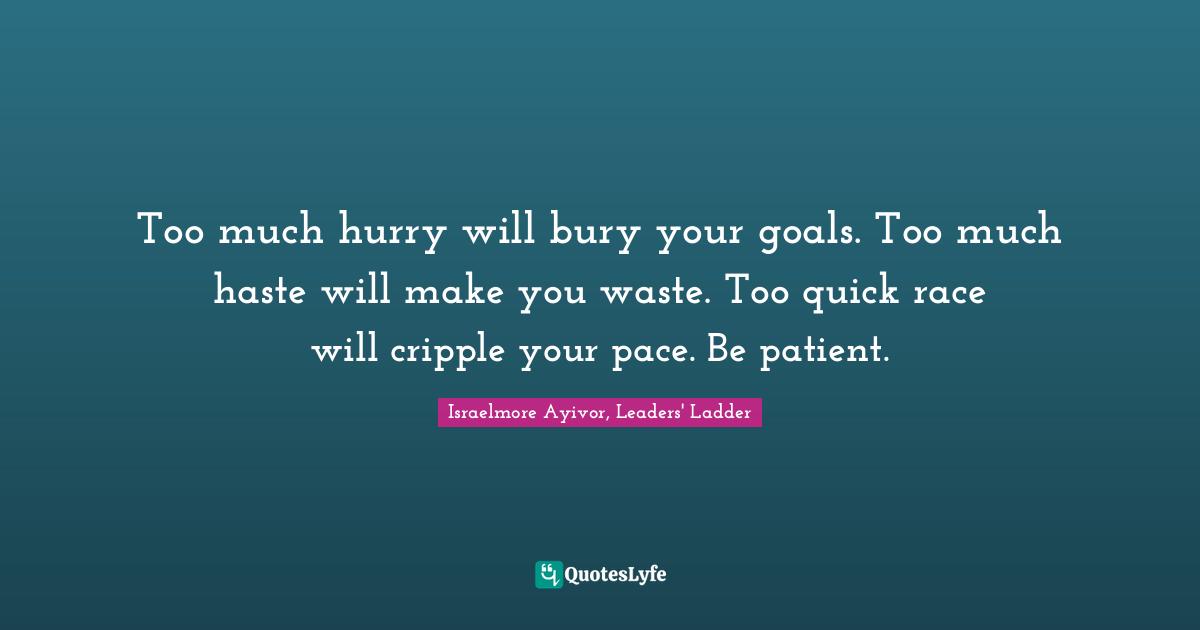 Too much hurry will bury your goals. Too much haste will make you waste. Too quick race will cripple your pace. Be patient.