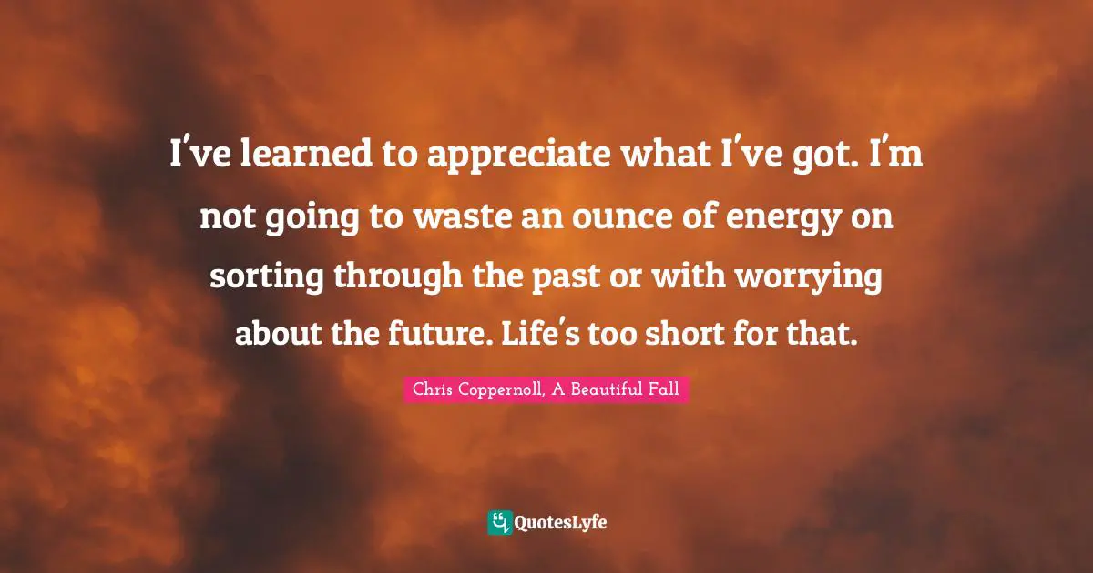 I've learned to appreciate what I've got. I'm not going to waste an ounce of energy on sorting through the past or with worrying about the future. Life's too short for that.