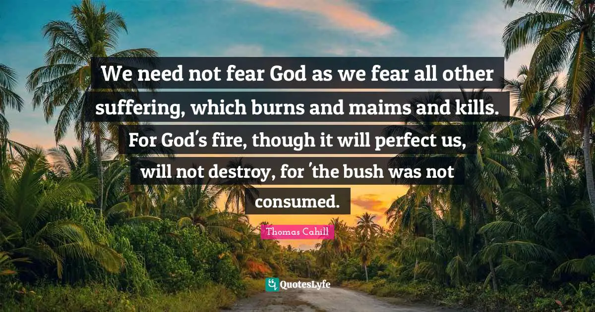 We need not fear God as we fear all other suffering, which burns and maims and kills. For God's fire, though it will perfect us, will not destroy, for 'the bush was not consumed.