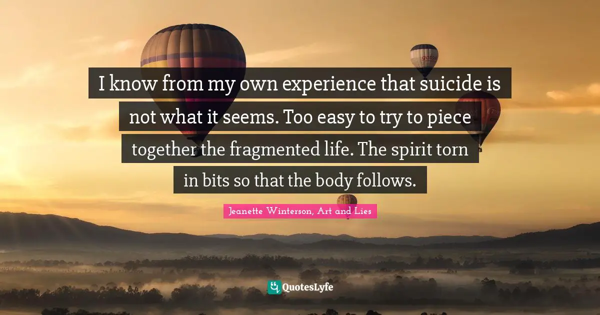 I know from my own experience that suicide is not what it seems. Too easy to try to piece together the fragmented life. The spirit torn in bits so that the body follows.