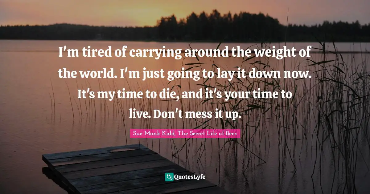I'm tired of carrying around the weight of the world. I'm just going to lay it down now. It's my time to die, and it's your time to live. Don't mess it up.