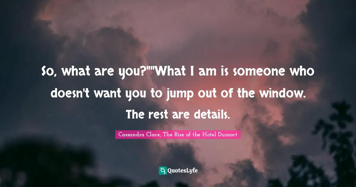 So, what are you?""What I am is someone who doesn't want you to jump out of the window. The rest are details.