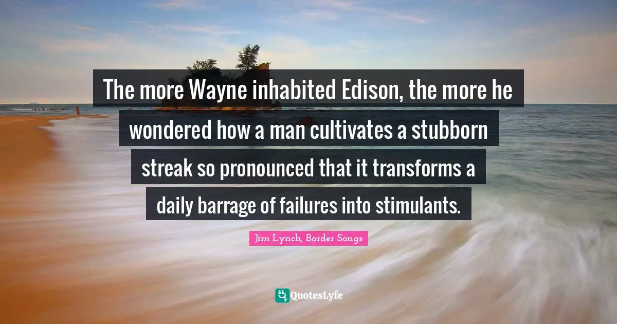 The more Wayne inhabited Edison, the more he wondered how a man cultivates a stubborn streak so pronounced that it transforms a daily barrage of failures into stimulants.
