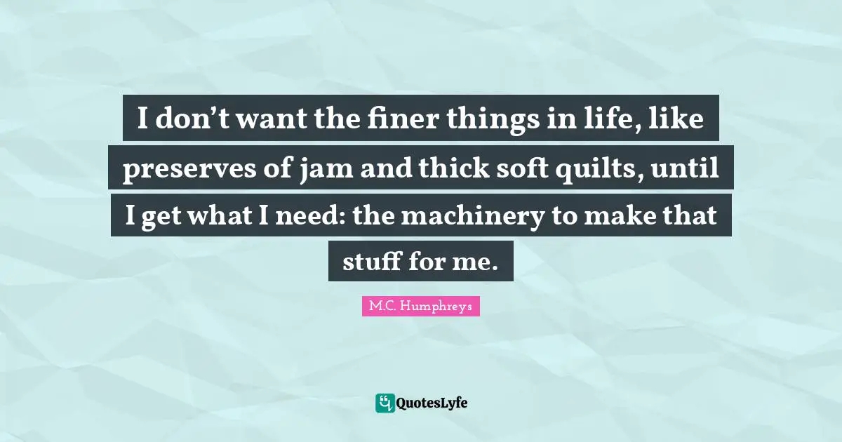 I don’t want the finer things in life, like preserves of jam and thick soft quilts, until I get what I need: the machinery to make that stuff for me.