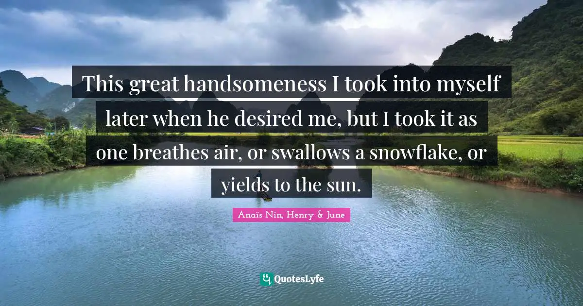 This great handsomeness I took into myself later when he desired me, but I took it as one breathes air, or swallows a snowflake, or yields to the sun.