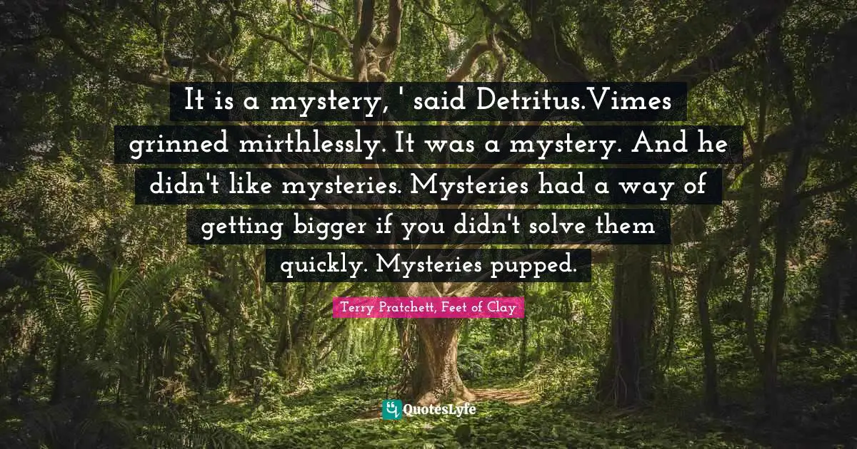 It is a mystery, ' said Detritus.Vimes grinned mirthlessly. It was a mystery. And he didn't like mysteries. Mysteries had a way of getting bigger if you didn't solve them quickly. Mysteries pupped.