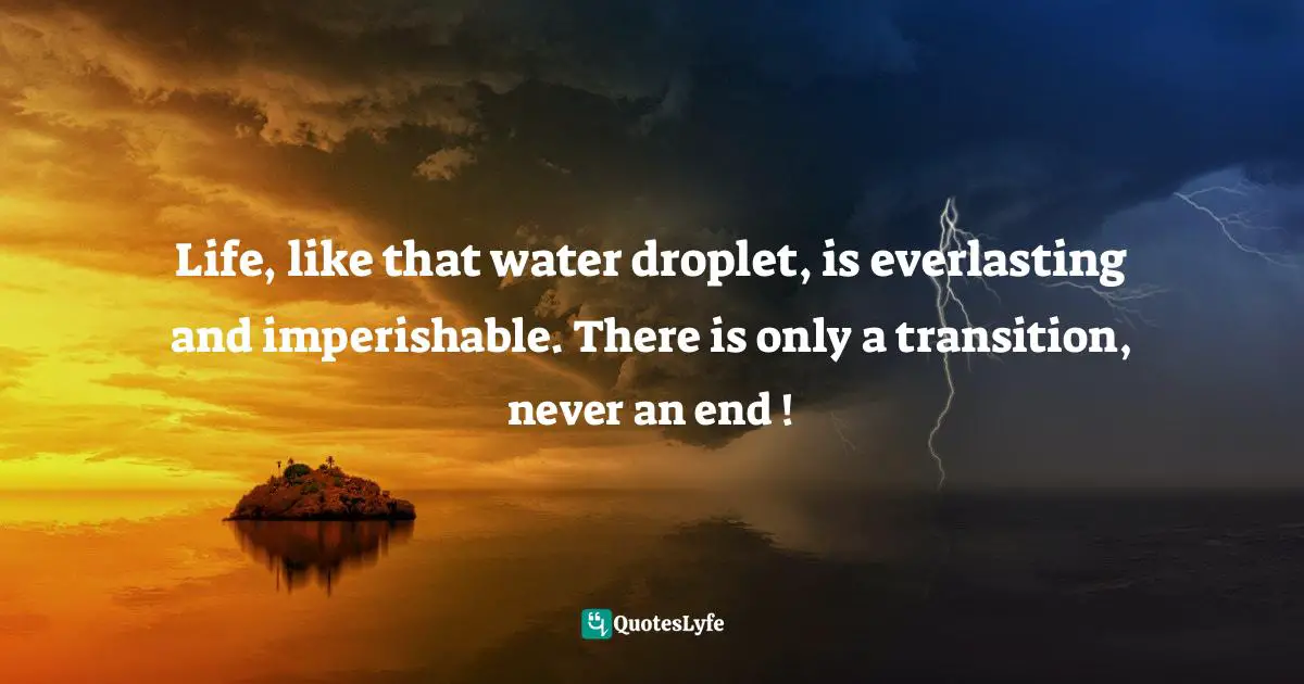 Rajib       Mukherjee, Partho, The Unconventional Investigator: The Mystery Of The Missing Bags Quotes: "Life, like that water droplet, is everlasting and imperishable. There is only a transition, never an end !"