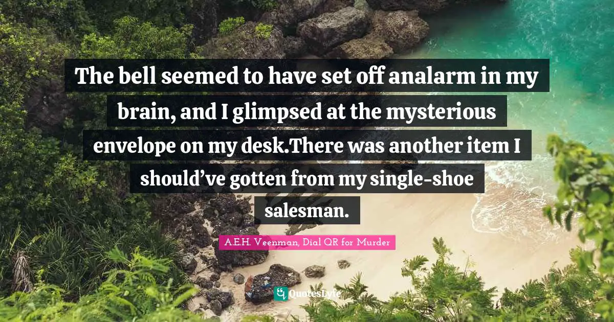 The bell seemed to have set off analarm in my brain, and I glimpsed at the mysterious envelope on my desk.There was another item I should’ve gotten from my single-shoe salesman.