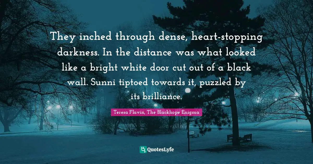 They inched through dense, heart-stopping darkness. In the distance was what looked like a bright white door cut out of a black wall. Sunni tiptoed towards it, puzzled by its brilliance.