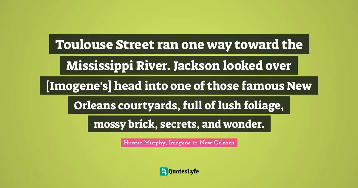Toulouse Street ran one way toward the Mississippi River. Jackson looked over [Imogene's] head into one of those famous New Orleans courtyards, full of lush foliage, mossy brick, secrets, and wonder.