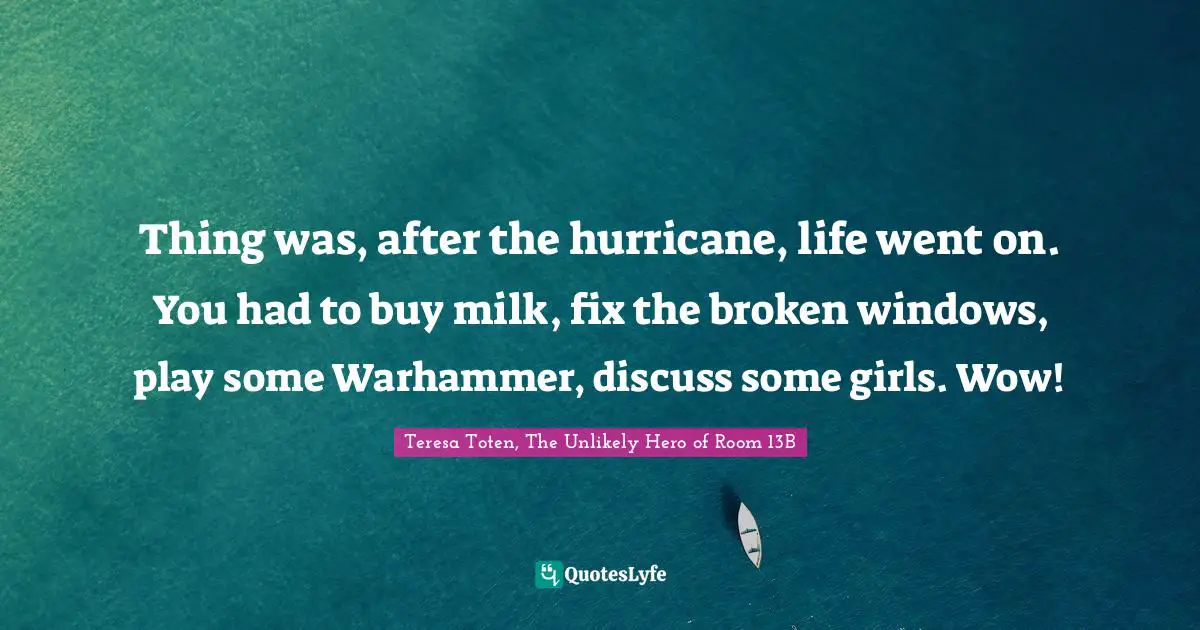 Thing was, after the hurricane, life went on. You had to buy milk, fix the broken windows, play some Warhammer, discuss some girls. Wow!