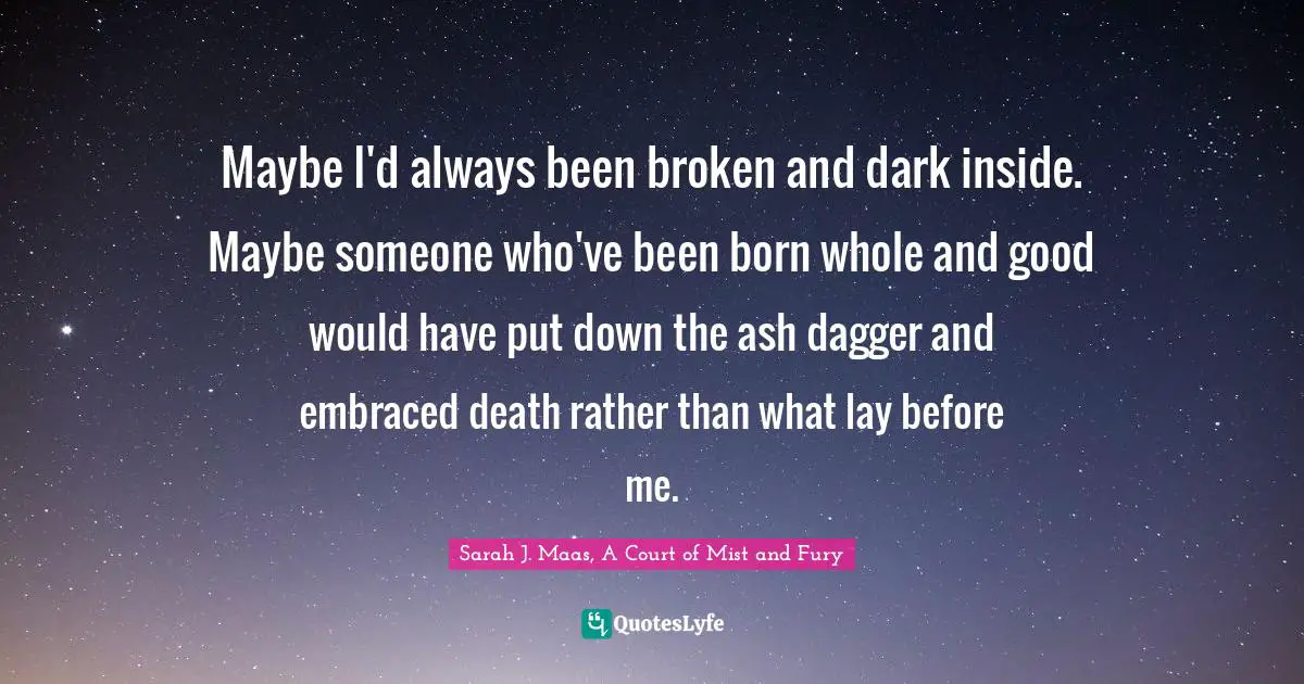 Maybe I'd always been broken and dark inside. Maybe someone who've been born whole and good would have put down the ash dagger and embraced death rather than what lay before me.