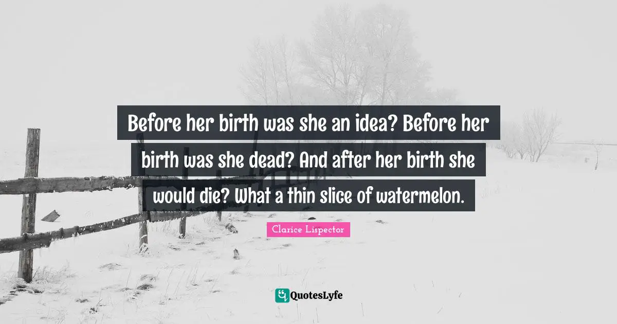 Before her birth was she an idea? Before her birth was she dead? And after her birth she would die? What a thin slice of watermelon.