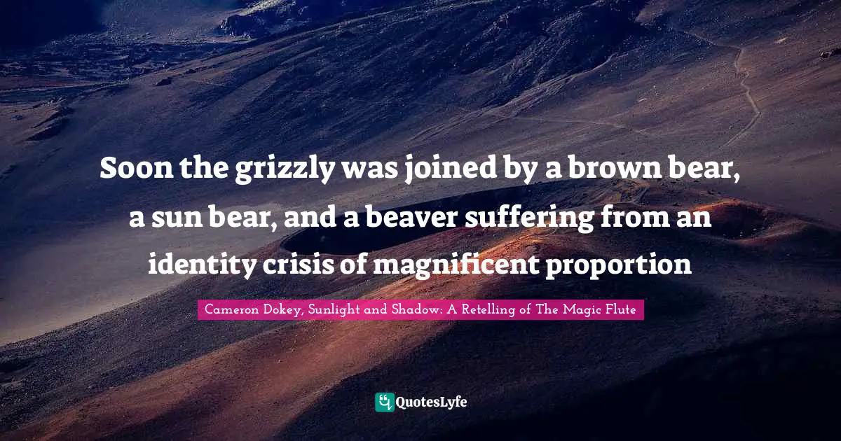 Cameron Dokey Quotes: "Soon the grizzly was joined by a brown bear, a sun bear, and a beaver suffering from an identity crisis of magnificent proportion"
