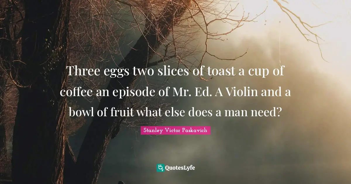 Three eggs two slices of toast a cup of coffee an episode of Mr. Ed. A Violin and a bowl of fruit what else does a man need?