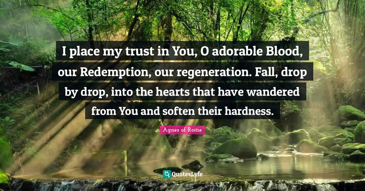 I place my trust in You, O adorable Blood, our Redemption, our regeneration. Fall, drop by drop, into the hearts that have wandered from You and soften their hardness.