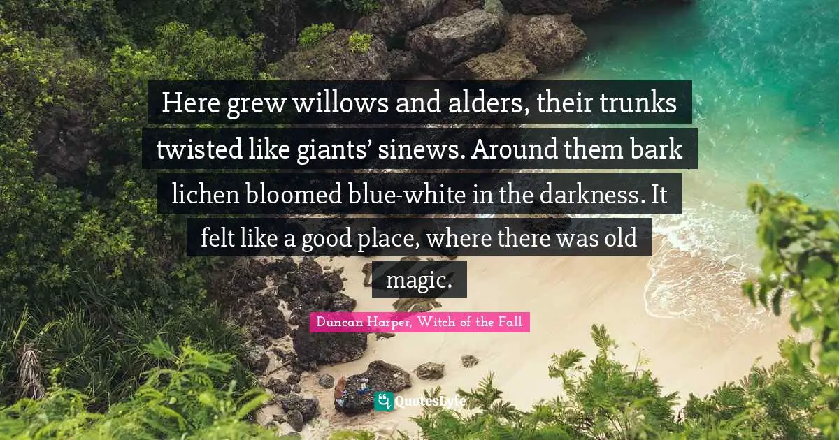 Fantasy Fiction Quotes: "Here grew willows and alders, their trunks twisted like giants’ sinews. Around them bark lichen bloomed blue-white in the darkness. It felt like a good place, where there was old magic."