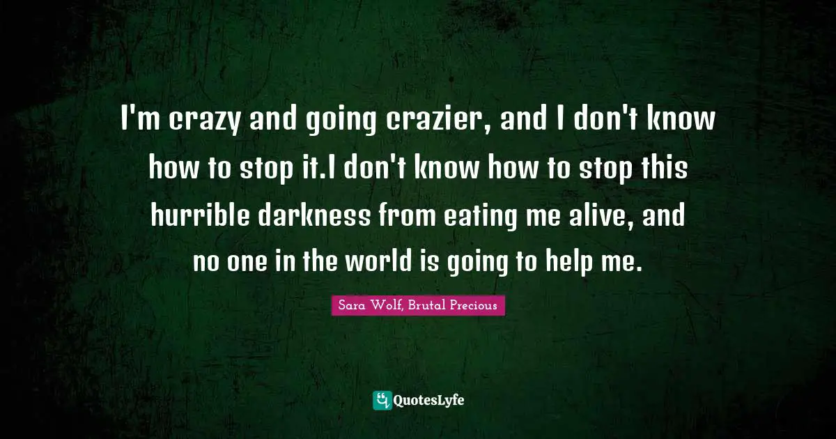 I'm crazy and going crazier, and I don't know how to stop it.I don't know how to stop this hurrible darkness from eating me alive, and no one in the world is going to help me.