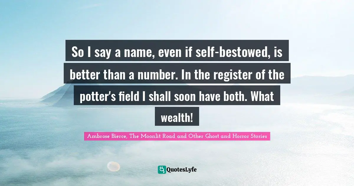 So I say a name, even if self-bestowed, is better than a number. In the register of the potter's field I shall soon have both. What wealth!
