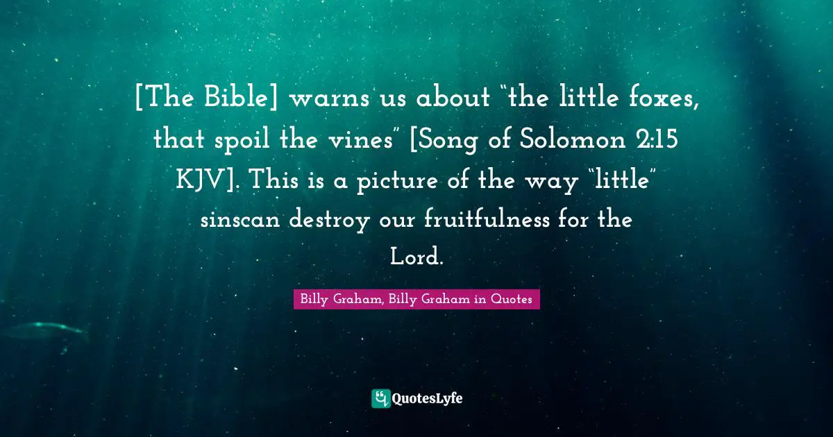 [The Bible] warns us about “the little foxes, that spoil the vines” [Song of Solomon 2:15 KJV]. This is a picture of the way “little” sinscan destroy our fruitfulness for the Lord.
