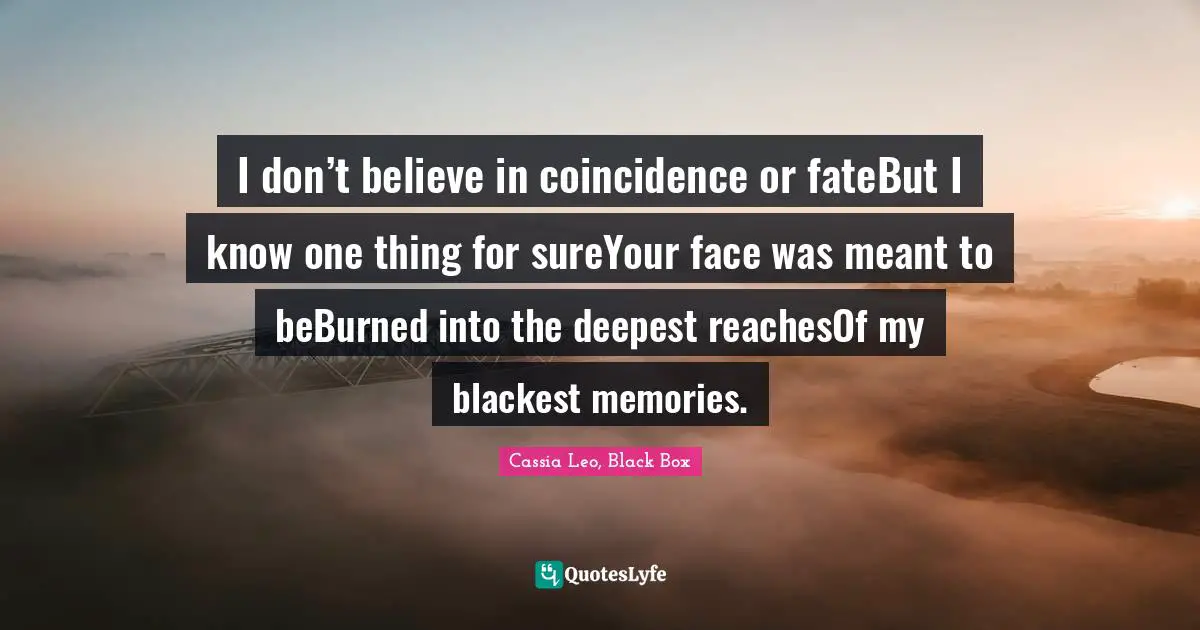 I don’t believe in coincidence or fateBut I know one thing for sureYour face was meant to beBurned into the deepest reachesOf my blackest memories.