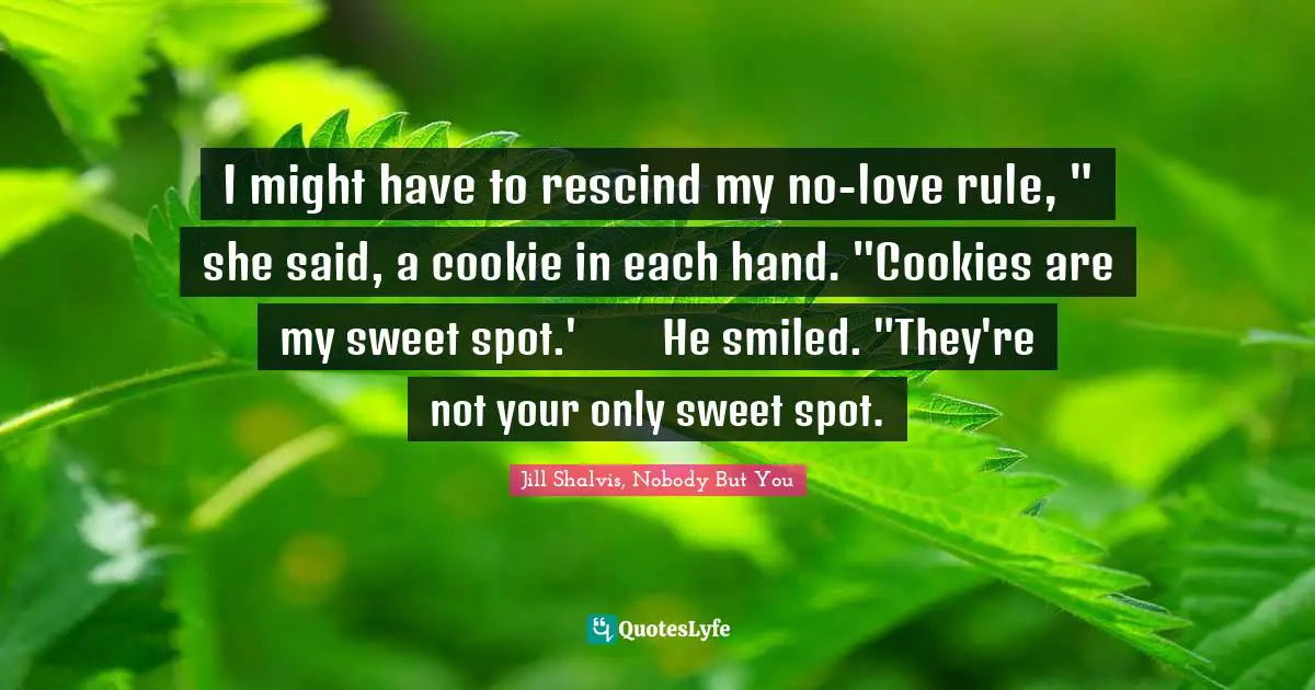 I might have to rescind my no-love rule, " she said, a cookie in each hand. "Cookies are my sweet spot.'	He smiled. "They're not your only sweet spot.