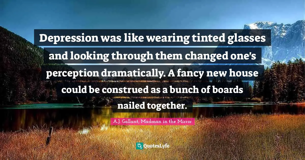 Depression was like wearing tinted glasses and looking through them changed one's perception dramatically. A fancy new house could be construed as a bunch of boards nailed together.