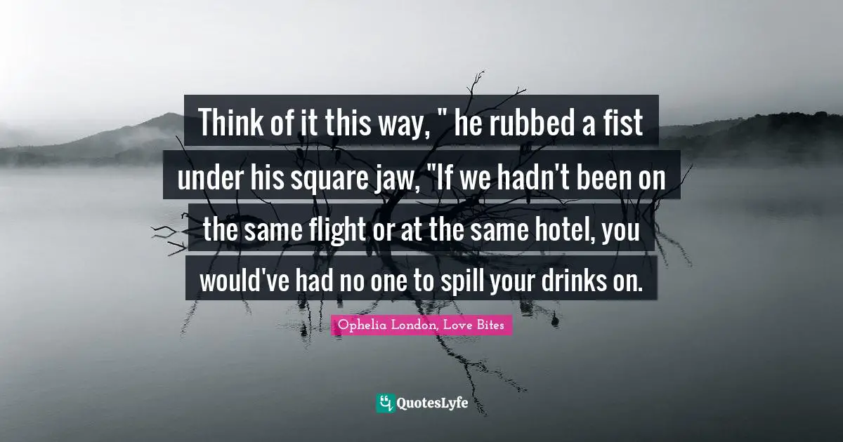 Think of it this way, " he rubbed a fist under his square jaw, "If we hadn't been on the same flight or at the same hotel, you would've had no one to spill your drinks on.