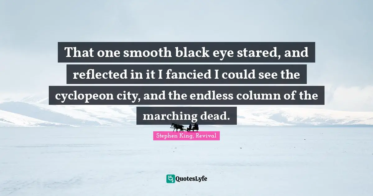 That one smooth black eye stared, and reflected in it I fancied I could see the cyclopeon city, and the endless column of the marching dead.