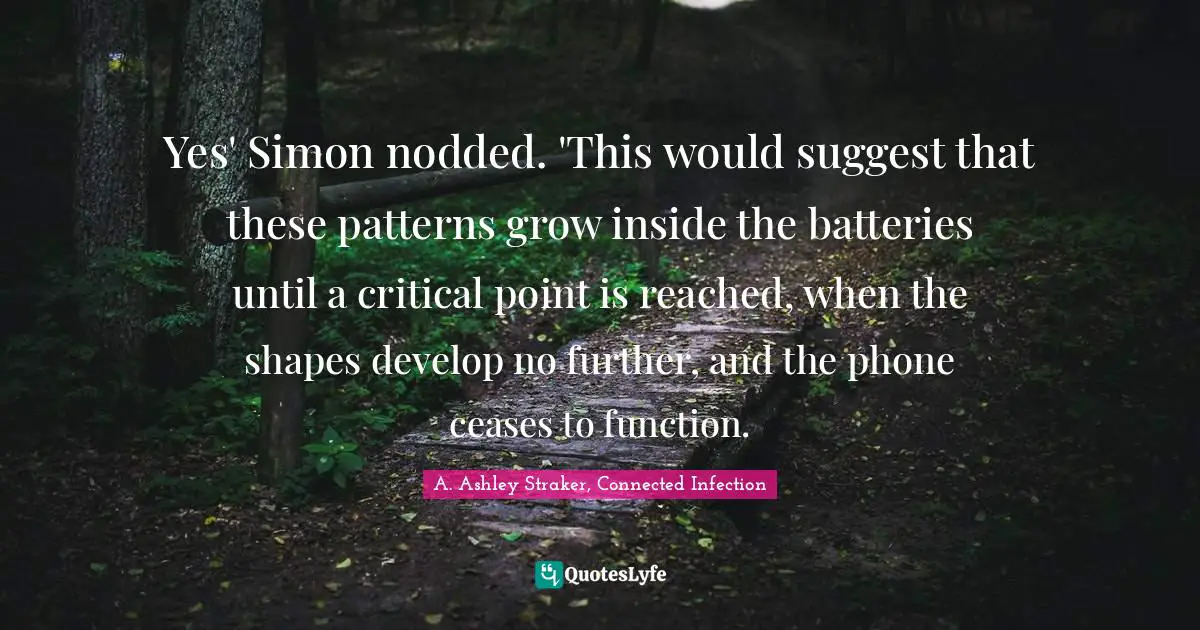 Yes' Simon nodded. 'This would suggest that these patterns grow inside the batteries until a critical point is reached, when the shapes develop no further, and the phone ceases to function.