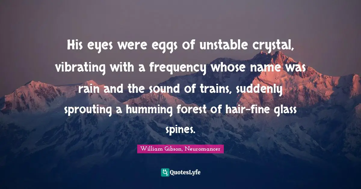 His eyes were eggs of unstable crystal, vibrating with a frequency whose name was rain and the sound of trains, suddenly sprouting a humming forest of hair-fine glass spines.