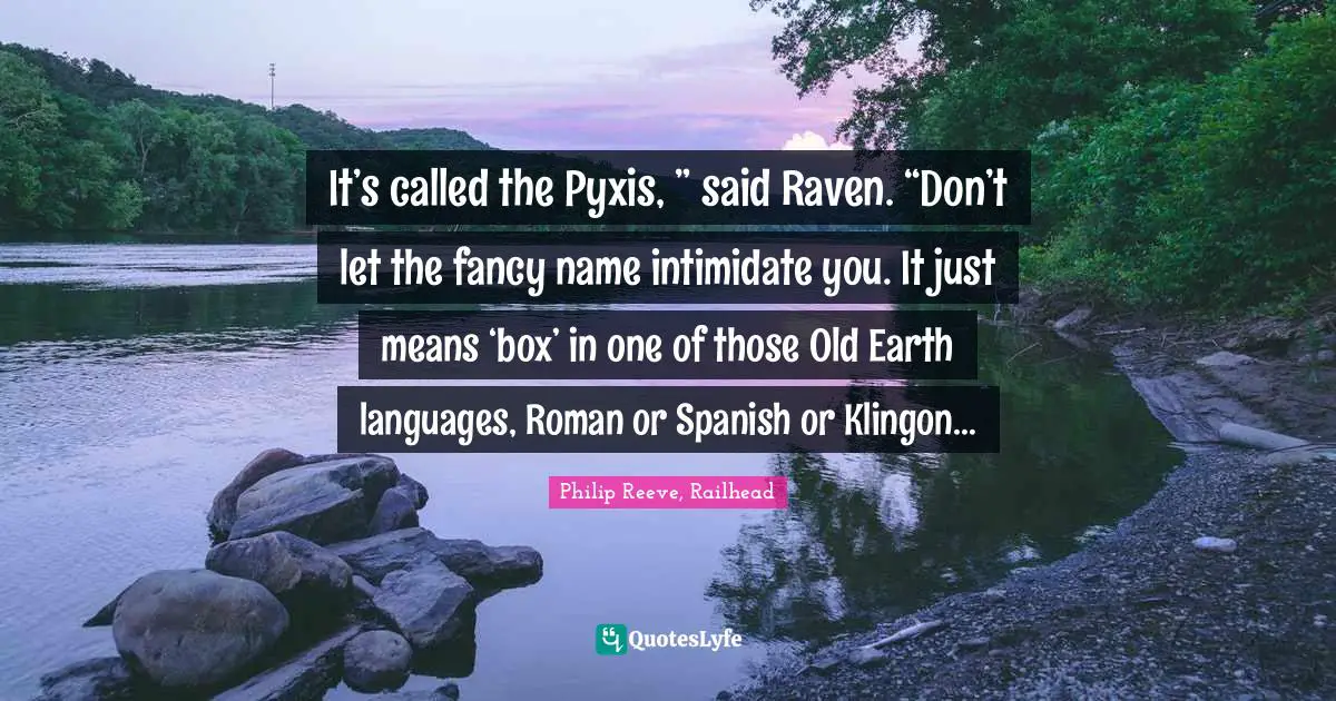 It’s called the Pyxis, ” said Raven. “Don’t let the fancy name intimidate you. It just means ‘box’ in one of those Old Earth languages, Roman or Spanish or Klingon…