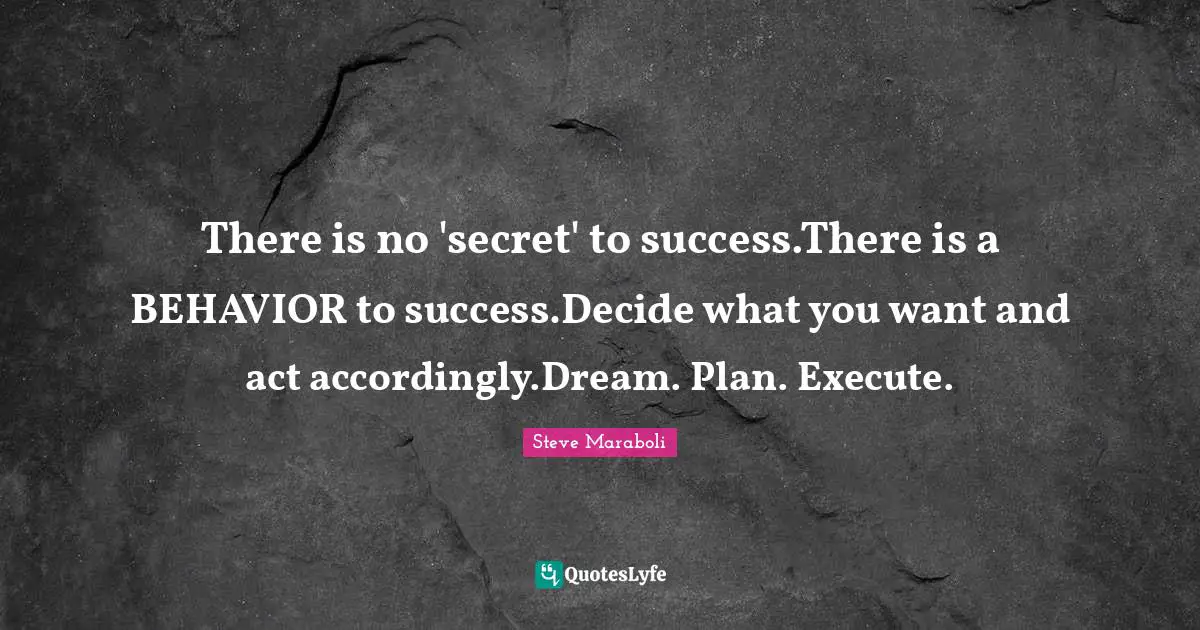 Steve Maraboli Quotes: "There is no 'secret' to success.There is a BEHAVIOR to success.Decide what you want and act accordingly.Dream. Plan. Execute."